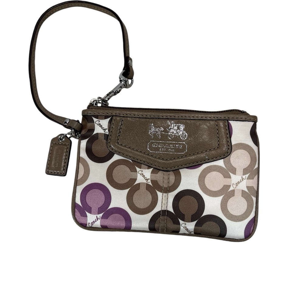 Coach Signature Circle Print Wristlet in Brown, Cream & Purple